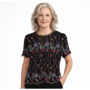 Vintage Papell Boutique Evening Wear Women's Silk Multicolor Beaded Blouse Sz. M